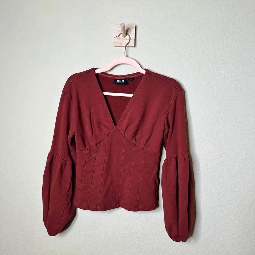Maeve Anthropologie Red Corset Style Balloon Sleeve V-Neck Cotton Top XS Peasant